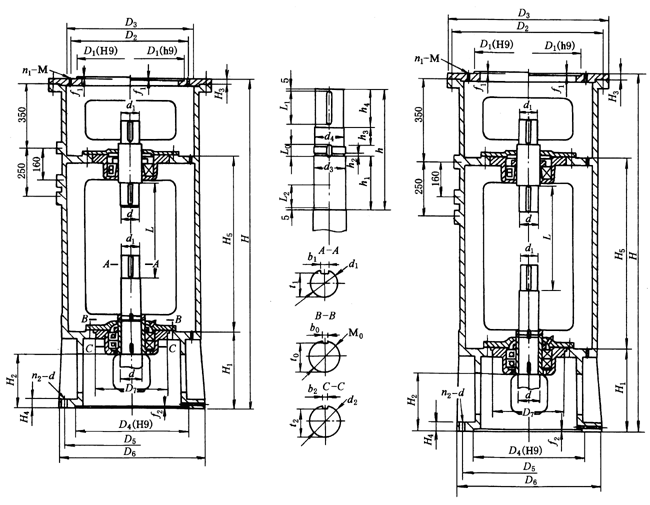XS3、XS4、XS5、XS6、XS7、型雙支點(diǎn)機(jī)架外形安裝尺寸